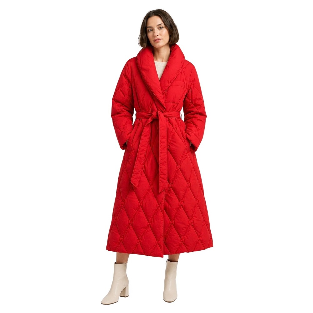 Vintage Lands' End Red Goose Down Quilted Maxi Robe Coat M Après Ski Glam